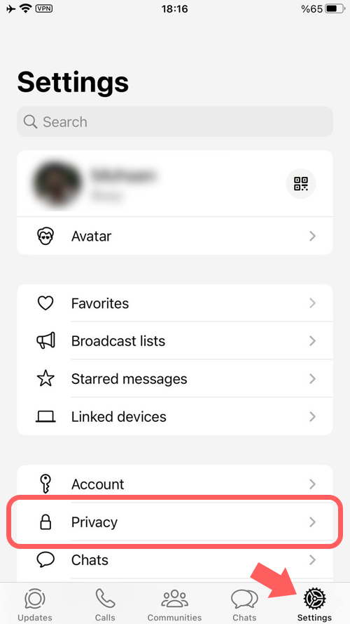 To open the settings menu, tap the three dots in the right corner (for Android) or the gear icon at the bottom right (for iPhone).